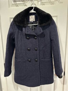 Zara Navy Pea Coat with Black Faux Fur Collar